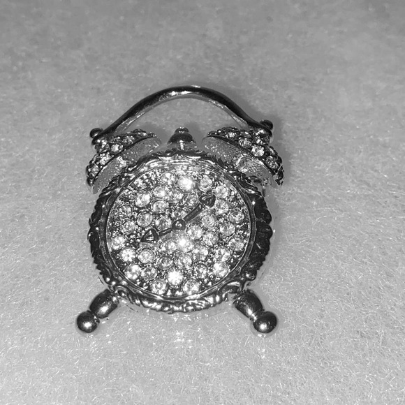Vintage Silver Rhinstone Analog Clock Pin - Picture 2 of 3